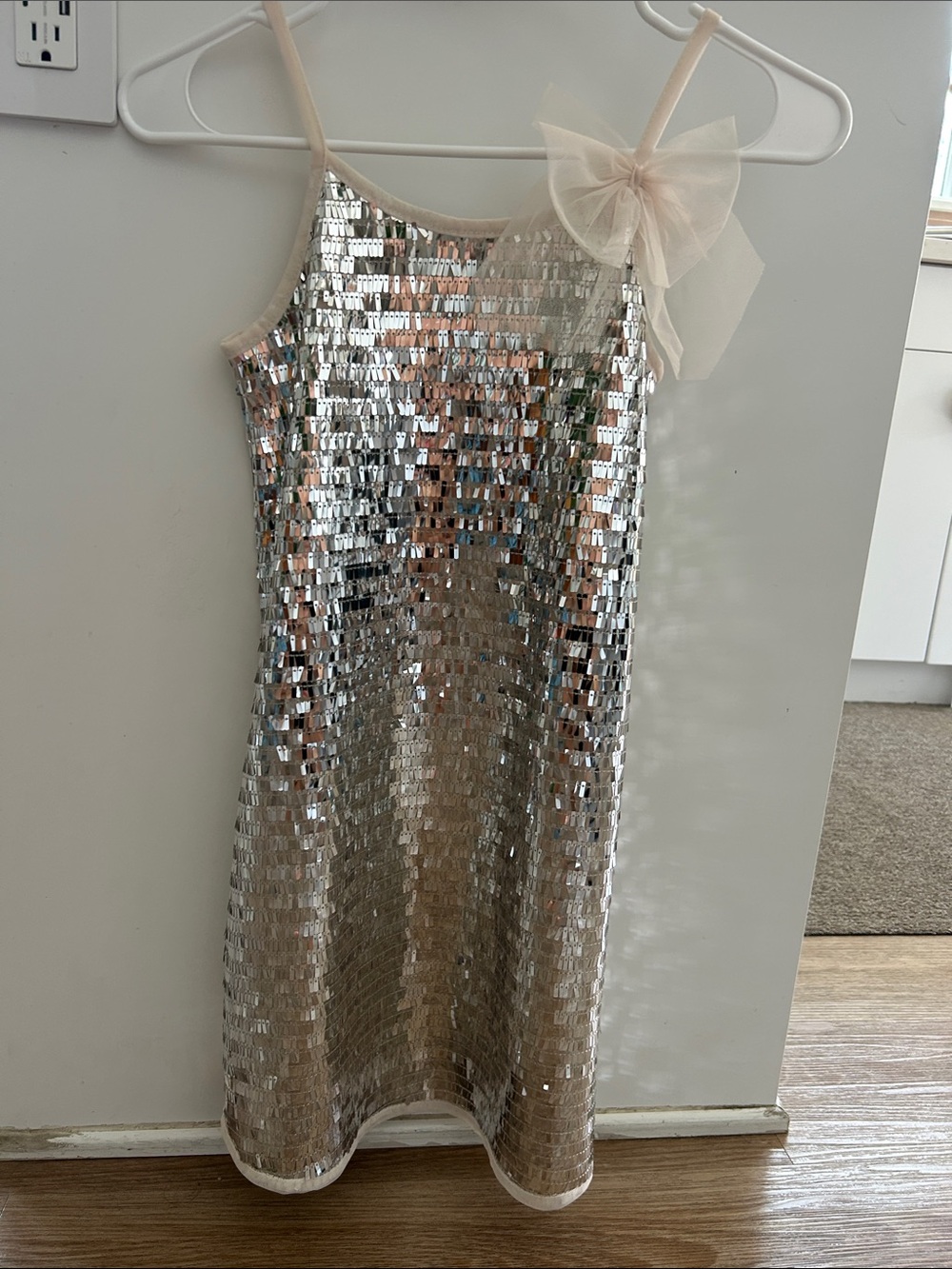 Zunie Silver Sequin Dress with Cream Bow Strap